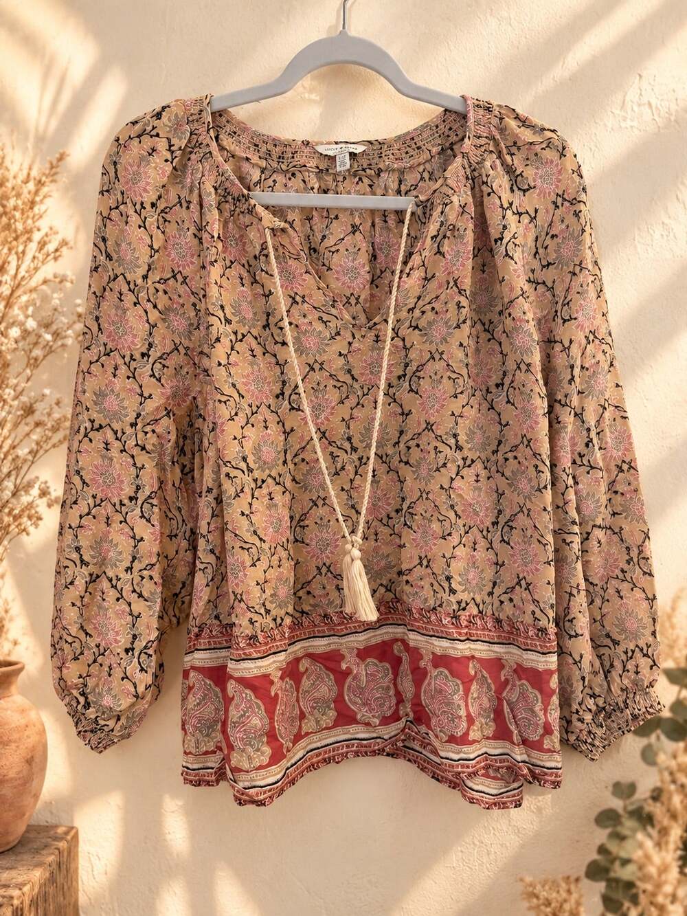 Lucky Brand Floral Boho Peasant Blouse L Tassel Tie Long Sleeve Paisley Hem